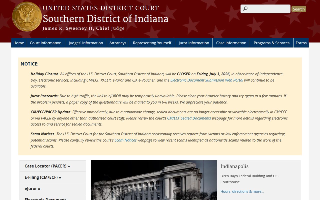 Southern District of Indiana federal court page for federal cases separate from Knox County trial courts