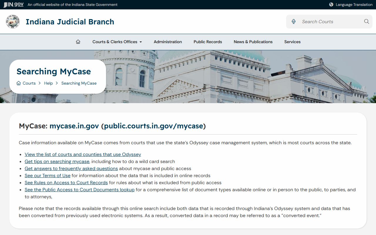 Knox County court records Indiana MyCase help page
