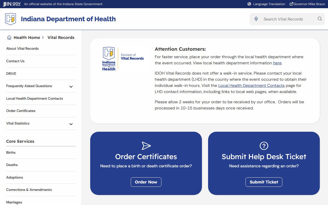 Indiana Department of Health vital records information for marriage and divorce verification